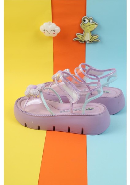 Dolgu Topuk Fiyonk Detay Şeffaf Cırtlı Özel Üretim Yeni Moda Yüksek Topuk Çoçuk Sandalet Terlik fırsatları