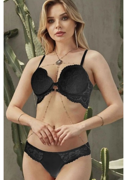 4427 Kadın Dantelli Dolgulu Sütyen Külot Takım-Siyah