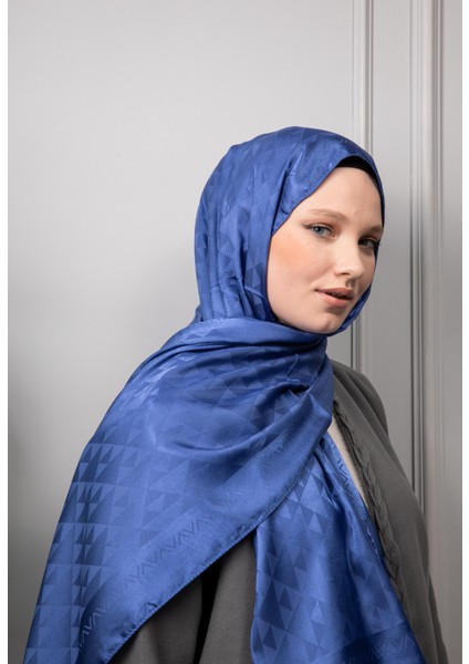 Üçgen Desen Parlak Jakar Şal Indigo Mavisi