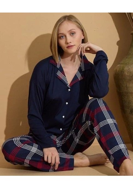 Milan Kumaş Önden Düğmeli Uzun Kollu E. Lacivert Pijama Takımı - 7520