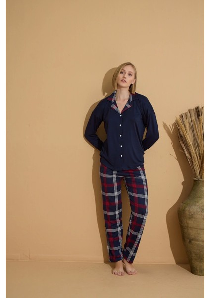 Milan Kumaş Önden Düğmeli Uzun Kollu E. Lacivert Pijama Takımı - 7520