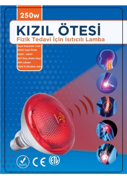 (6 Adet) 250W Kızılötesi (Infrared) Isıtıcılı Fizik Tedavi Lambası (Kırmızı Işık) E27 (Kalın Duy)