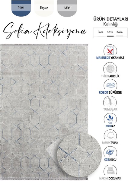 Sofia Gri Halı Lacivert Detaylı Geometrik Desen Modern Akrilik Iplik Dokuma Oturma Odası Halısı