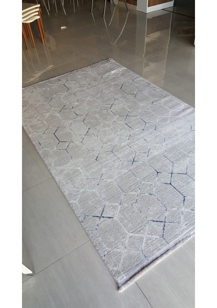 Sofia Gri Halı Lacivert Detaylı Geometrik Desen Modern Akrilik Iplik Dokuma Oturma Odası Halısı