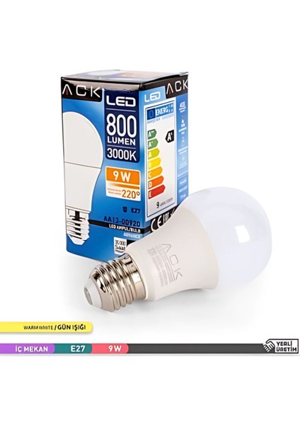 Ack 880 Lümen LED Ampül 9W - Sarı Işık 3000 K