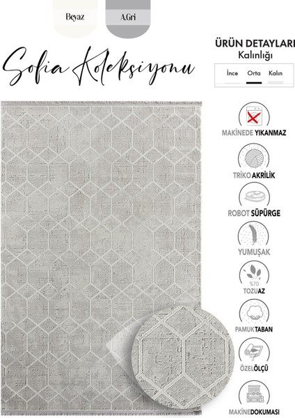 Sofia Gri Halı Geometrik Desen Modern Akrilik Iplik Dokuma Tozuaz Oturma Odası ve Koridor Halısı