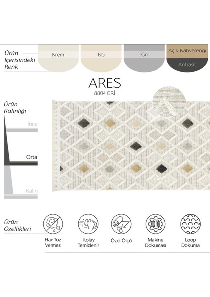 Ares 8804 Gri Halı Salon Halısı Bohem Halı Koridor Halısı Kesme Halı Yolluk Oturma Odası Halısı