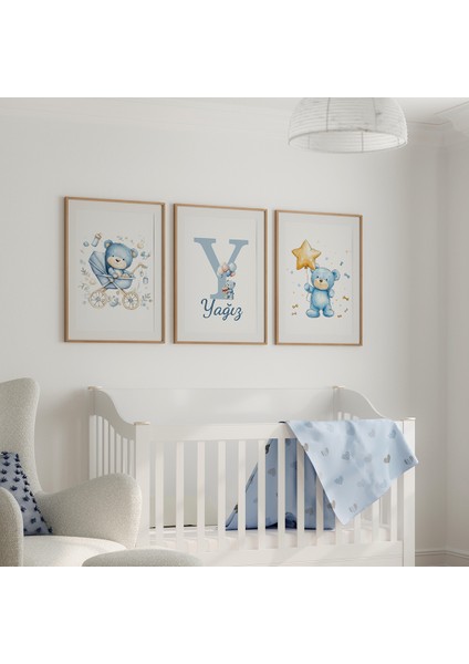Tatlı Mavi Ayıcık Bebek ve Çocuk Odası 3'lü Tablo Isim Seti, Çocuk Odası Tablosu
