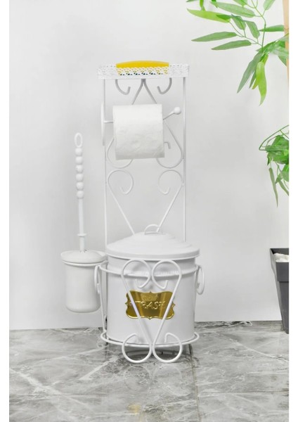 Metal Plakalı Tuvalet Kağıtlığı, Sabunluk ve Çöp Kova Seti Beyaz