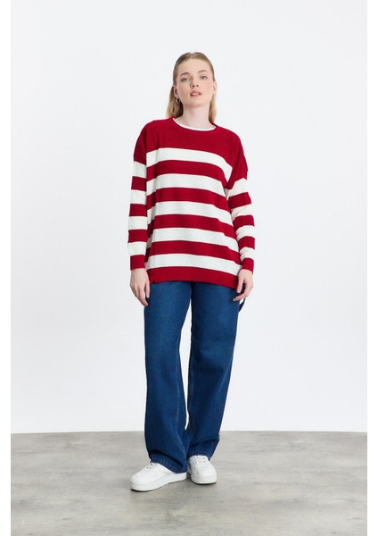 5380 Bisiklet Yaka Çizgili Tunik Kırmızı