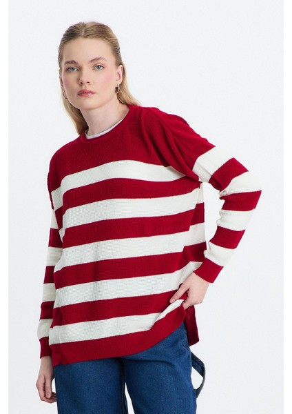 5380 Bisiklet Yaka Çizgili Tunik Kırmızı fiyatları