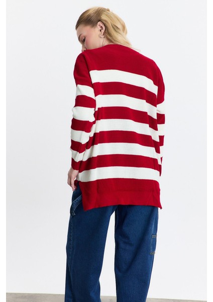5380 Bisiklet Yaka Çizgili Tunik Kırmızı indirimleri