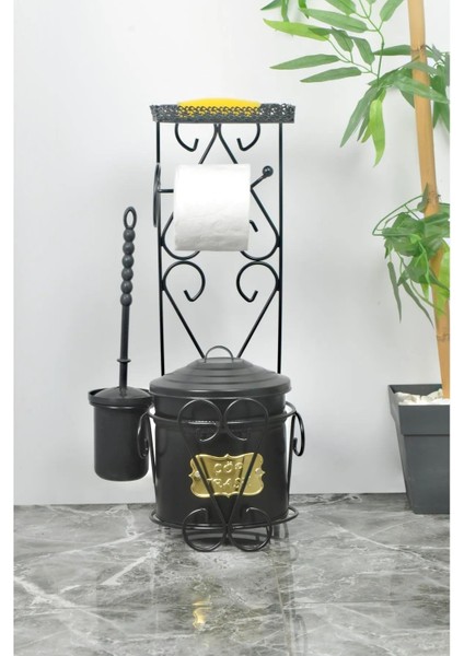 Metal Plakalı Tuvalet Kağıtlığı, Sabunluk ve Çöp Kova Seti Siyah