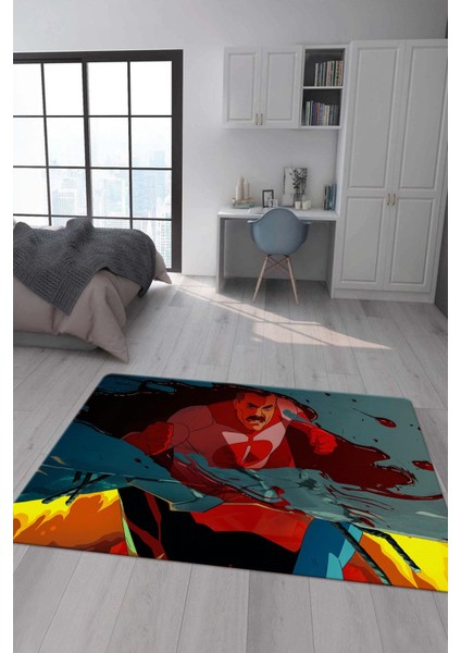 Kaymaz Taban Makinada Yıkanabilir Dijital Baskı Invincible Desenli Çocuk Odası Halısı Dot Taban Halı IC05
