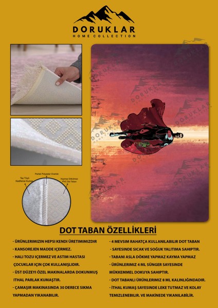 Kaymaz Taban Makinada Yıkanabilir Dijital Baskı Invincible Desenli Çocuk Odası Halısı Dot Taban Halı IC04