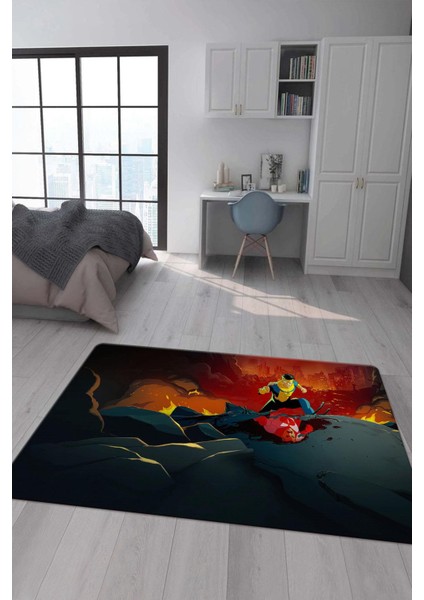 Kaymaz Taban Makinada Yıkanabilir Dijital Baskı Invincible Desenli Çocuk Odası Halısı Dot Taban Halı IC01