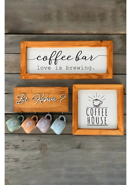Coffee Bar Kahve Köşesi Fincan Askılıklı Duvar Dekor ve Mutfakların Süsü, Ahşap Pano Set