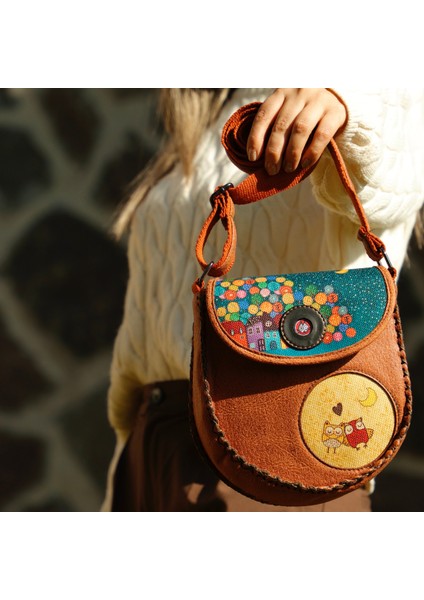 Baykuş Figürlü Çapraz Örgülü Kol Çantası Etnik Bohem Style - Taba