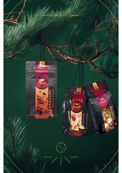 Aromalı Filtre Kahve Seti 3X250gr Siphon Öğütümlü Fındık,Vanilya,Karamel Aromalı modelleri