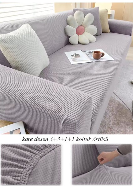 Streç Lastikli Esnek Yikanabilir Kare Desen Berjer Kotuk Örtüsü Takımı (3+3+1+1) Koltuk Kılıfı