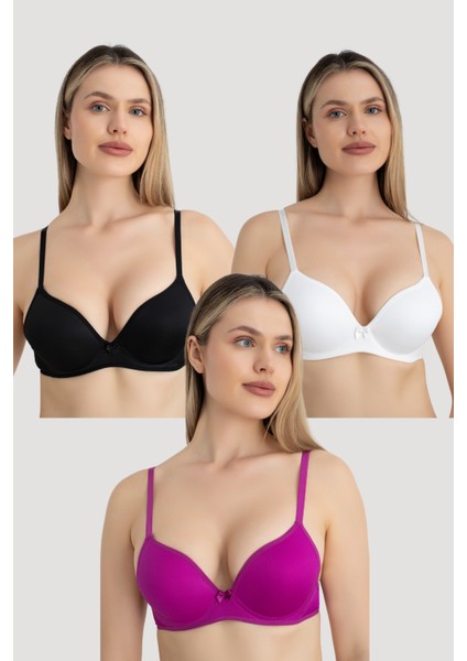 Kadın Balenli Destekli Dolgulu Sütyen 3'lü Set Siyah Beyaz Mürdüm