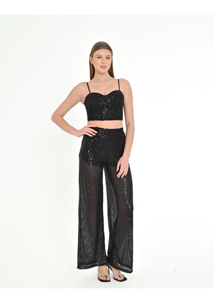 Simli Askılı Crop & Palazzo Pantolon Takım