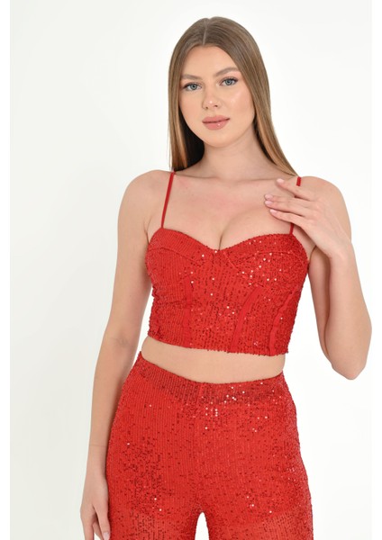 Simli Askılı Crop & Palazzo Pantolon Takım
