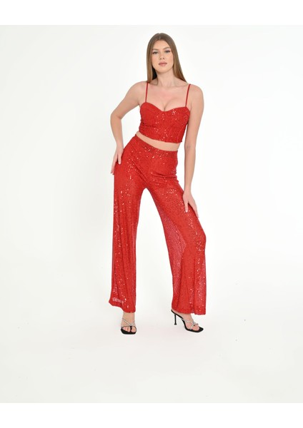 Simli Askılı Crop & Palazzo Pantolon Takım
