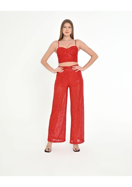 Simli Askılı Crop & Palazzo Pantolon Takım