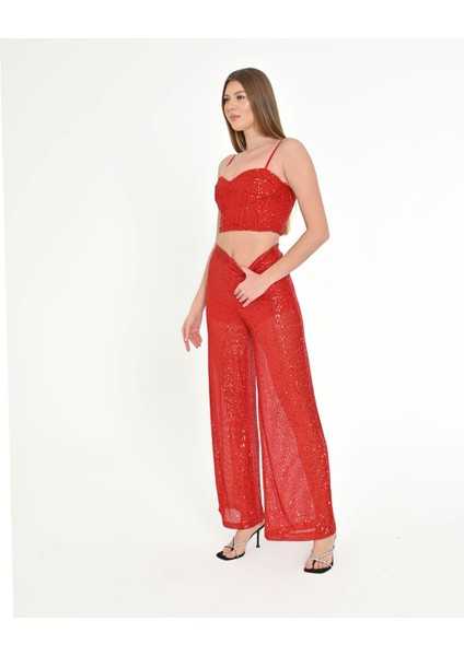 Simli Askılı Crop & Palazzo Pantolon Takım