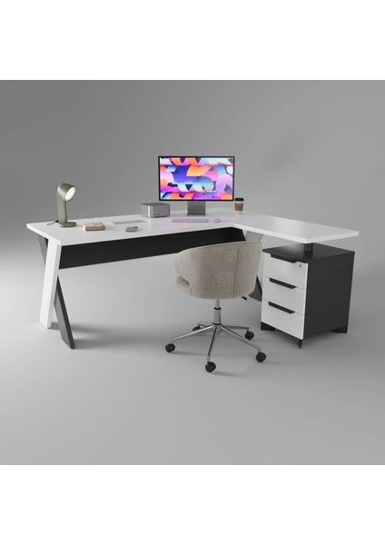 Omix Kesonlu L Çalışma Masası 140 cm (Lake Beyaz/antrasit)