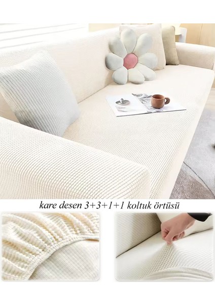 Streç Lastikli Esnek Yikanabilir Kare Desen Berjer Kotuk Örtüsü Takımı (3+3+1+1) Koltuk Kılıfı