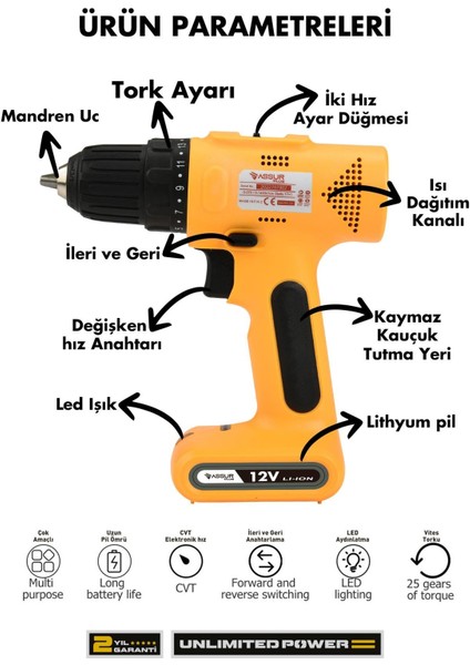 12V Type-C USB Şarjlı Akülü Vidalama Dahili Batarya Matkap