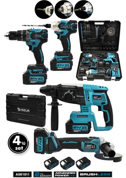 Profesyonel 21V Akülü Matkap & Taşlama & Kırıcı Delici Hilti & Somun Sıkma Sökme 4'lü Set