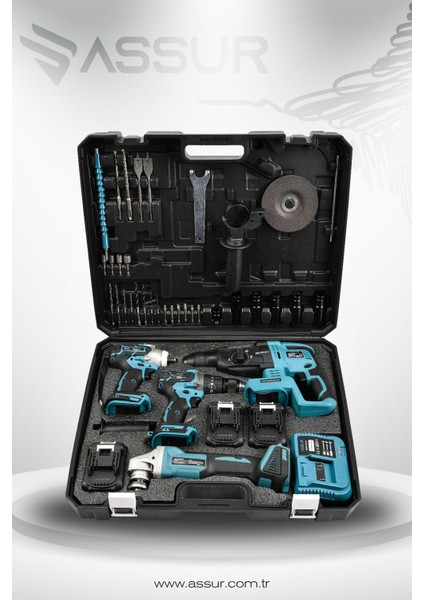 Profesyonel 21V Akülü Matkap & Taşlama & Kırıcı Delici Hilti & Somun Sıkma Sökme 4'lü Set