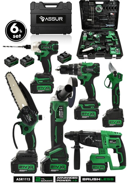Profesyonel 21V Matkap Hilti Taşlama Somun Sıkma Makas Testere 6'lı Set