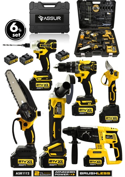 Profesyonel 21V Matkap Hilti Taşlama Somun Sıkma Makas Testere 6'lı Set