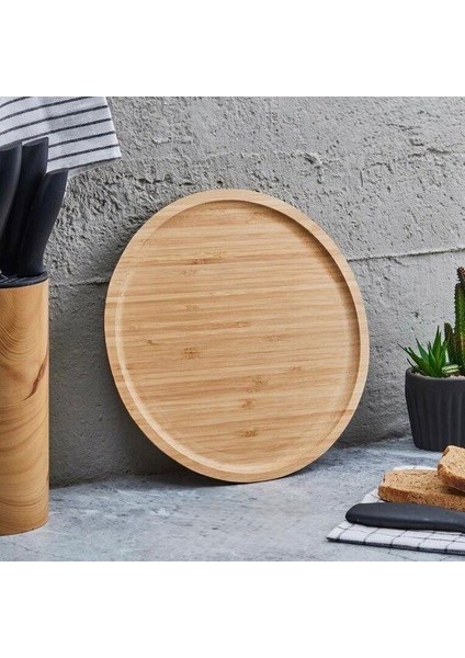 Lüx Yuvarlak Servis Tepsi 30 * 30CM, Ahşap Sunumluk & Çerezlik Yuvarlak Sunum Tabağı