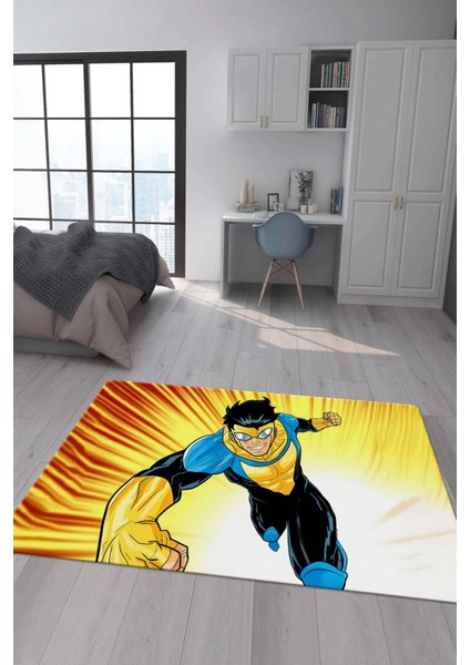 Kaymaz Taban Makinada Yıkanabilir Dijital Baskı Invincible Desenli Çocuk Odası Halısı Dot Taban Halı IC02