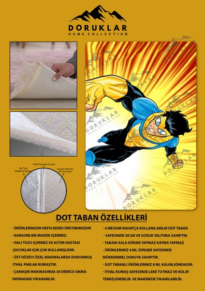 Kaymaz Taban Makinada Yıkanabilir Dijital Baskı Invincible Desenli Çocuk Odası Halısı Dot Taban Halı IC02 fiyatları