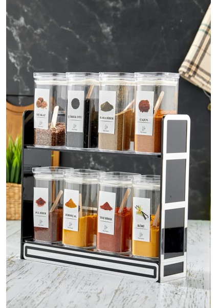 Etiketli Standlı Baharatlık Seti 8'li 300 ml Akrilik Saklama Kabı (Kaşık Hediyeli)