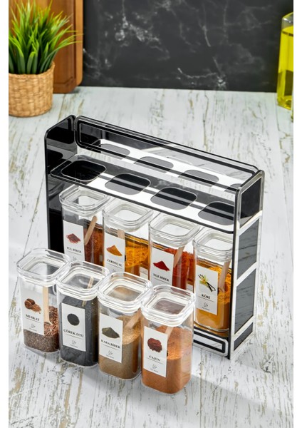 Etiketli Standlı Baharatlık Seti 8'li 300 ml Akrilik Saklama Kabı (Kaşık Hediyeli) fırsatları