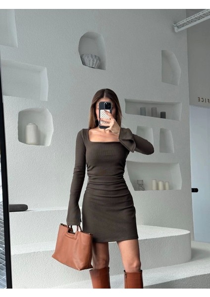 Kare Yaka Inı Boy Fitilli Elbise Füme