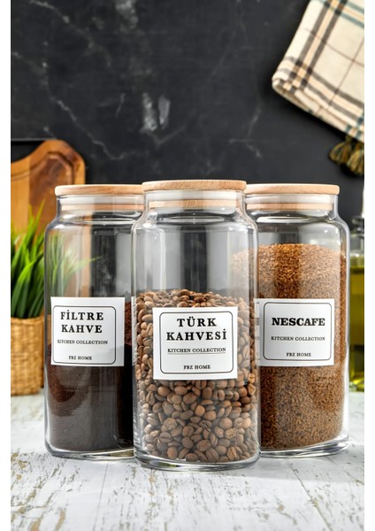 3 Adet 1300 ml Ahşap Kapaklı Vakumlu Kahve Nescafe Saklama Kabı Cam Kavanoz