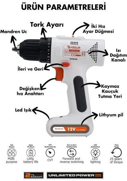 12V Usb Şarjlı Matkap Vidalama Dahili Batarya