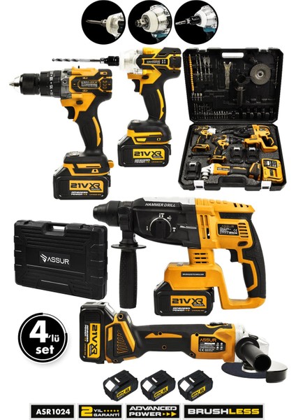 Profesyonel 21V Akülü Kırıcı Delici Hilti & Taşlama & Matkap & Somun Sıkma Sökme 4'lü Set