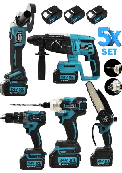 Germany Pro XL 24V 5.0AH Kömürsüz Darbeli 5'li Set Şarjlı Hilti + Taşlama + Somun Sıkma + Akülü Vidalama + Budama Testeresi