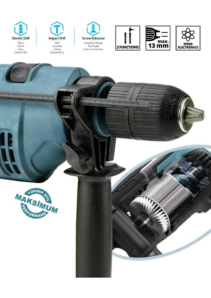 1100W Darbeli Metal Şanzıman 13mm Elektrikli Matkap