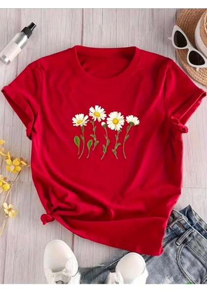 Yan Yana Papatya Desenli Basic T-Shirt