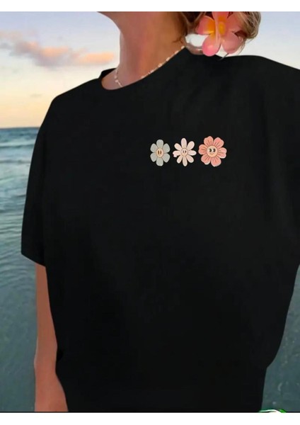 Ön ve Arka Çoklu Çiçek Baskılı Basic T-Shirt